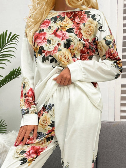 Printed Round Neck Top and Pants Lounge Set - P Rubi's 