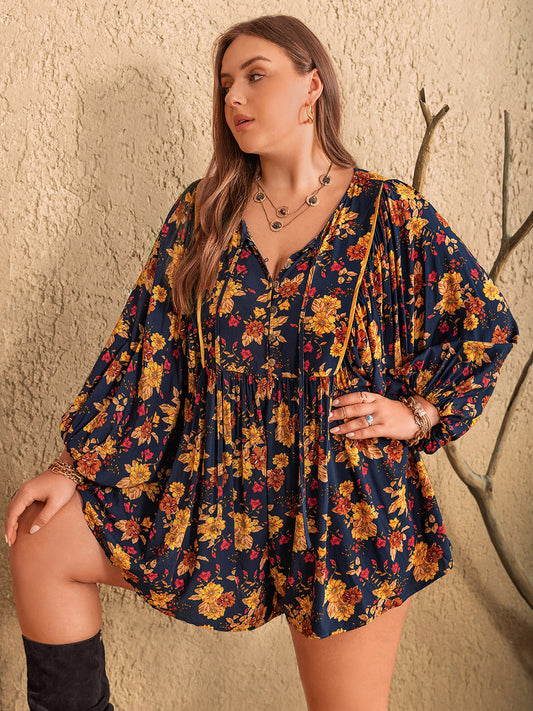 Plus Size Floral Tie Neck Balloon Sleeve Romper - P Rubi's 