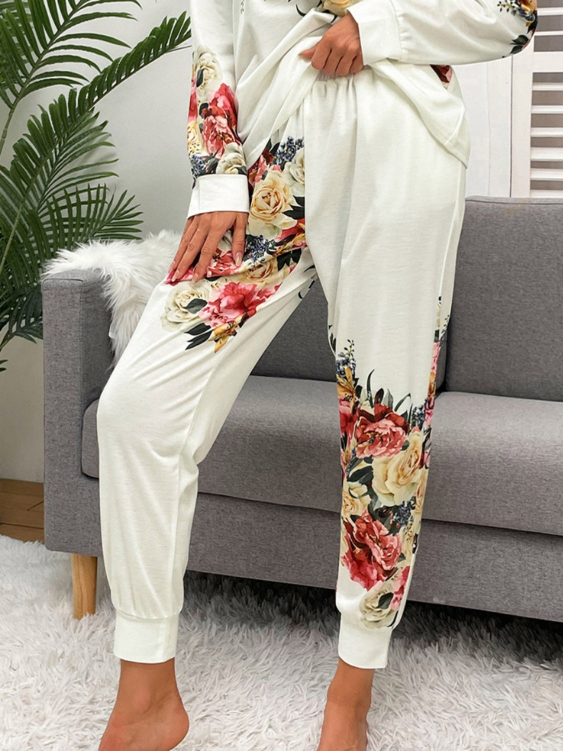 Printed Round Neck Top and Pants Lounge Set - P Rubi's 