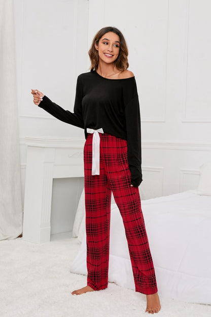 Round Neck Long Sleeve Top and Bow Plaid Pants Lounge Set - P Rubi's 