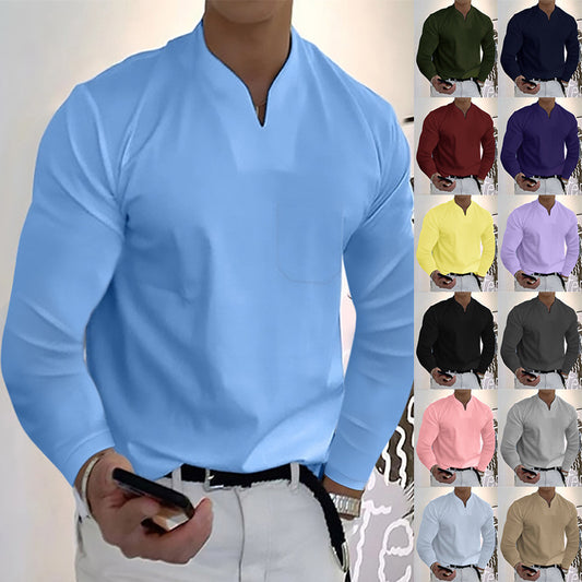 Male Fashion Casual Solid Color V-neck Long Sleeve Shirts - P Rubi's 