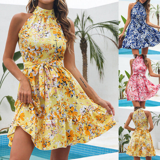 New Flowers Print Halterneck Dress Summer Fashion Temperament Lace-up Ruffled Dresses For Women - P Rubi's 