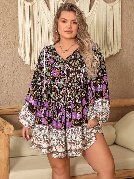 Plus Size Printed Tie Neck Mini Dress - P Rubi's 