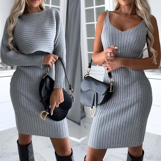 2pcs Suit Women's Solid Stripe Long-sleeved Top And Tight Suspender Skirt Fashion Autumn Winter Slim Clothing - P Rubi's 