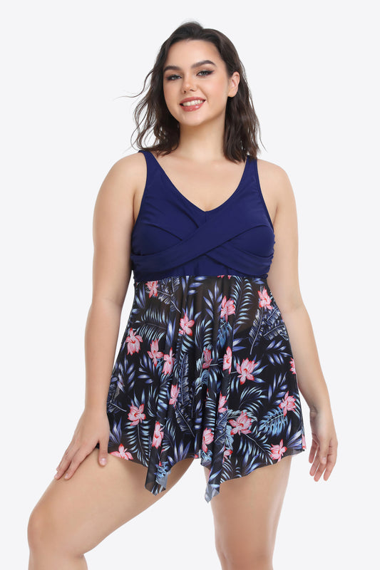 Plus Size Floral Two-Tone Asymmetrical Hem Two-Piece Swimsuit - P Rubi's 