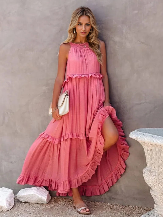 Ruffled Sleeveless Tiered Maxi Dress with Pockets - P Rubi's 