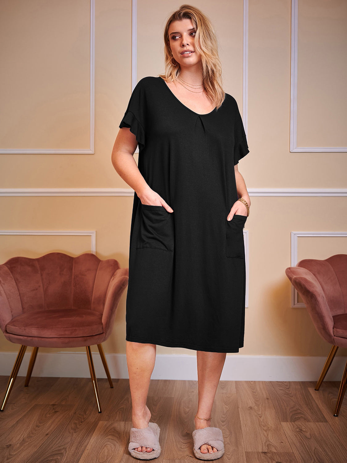 Plus Size Round Neck Short Sleeve Lounge Dress - P Rubi's 