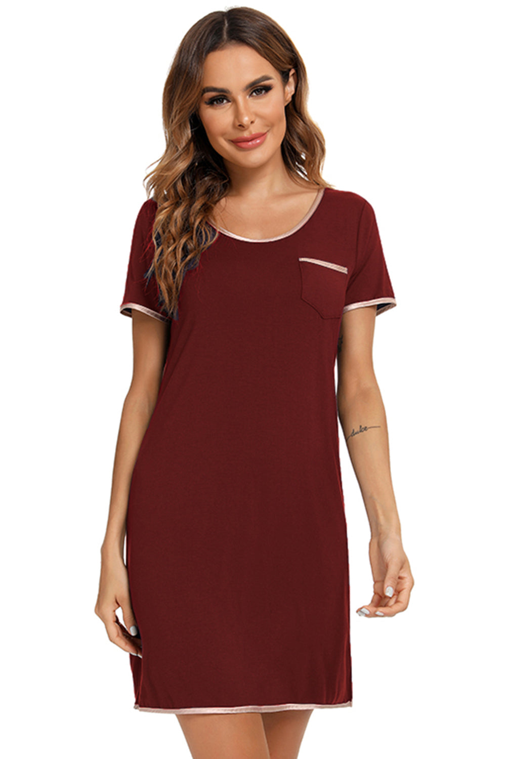 Contrast Trim Pocketed Round Neck Lounge Dress - P Rubi's 