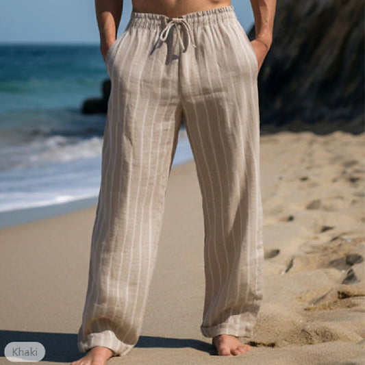 Men's Linen Drawstring Elastic Waist Straight Striped Comfortable Breathable Casual Pants - P Rubi's 