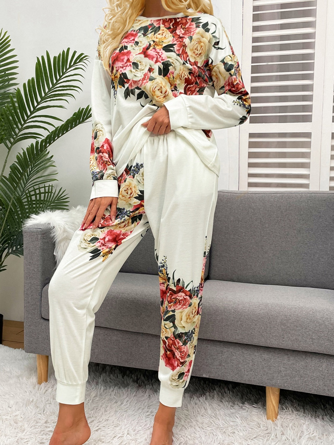 Printed Round Neck Top and Pants Lounge Set - P Rubi's 