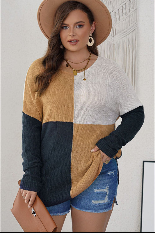 Plus Size Color Block Round Neck Sweater - P Rubi's 