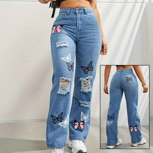 High Waisted Straight Leg Jeans For Women Trendy Butterfly Print Ripped Distressed Denim Pants - P Rubi's 