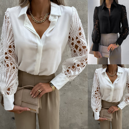 Ladies Solid Color Lace Patchwork Shirt - P Rubi's 